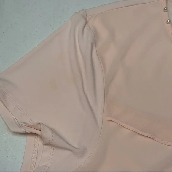 Karl Lagerfeld Paris Tiered Short Sleeve Soft Pink Layered Blouse - Picture 10 of 13